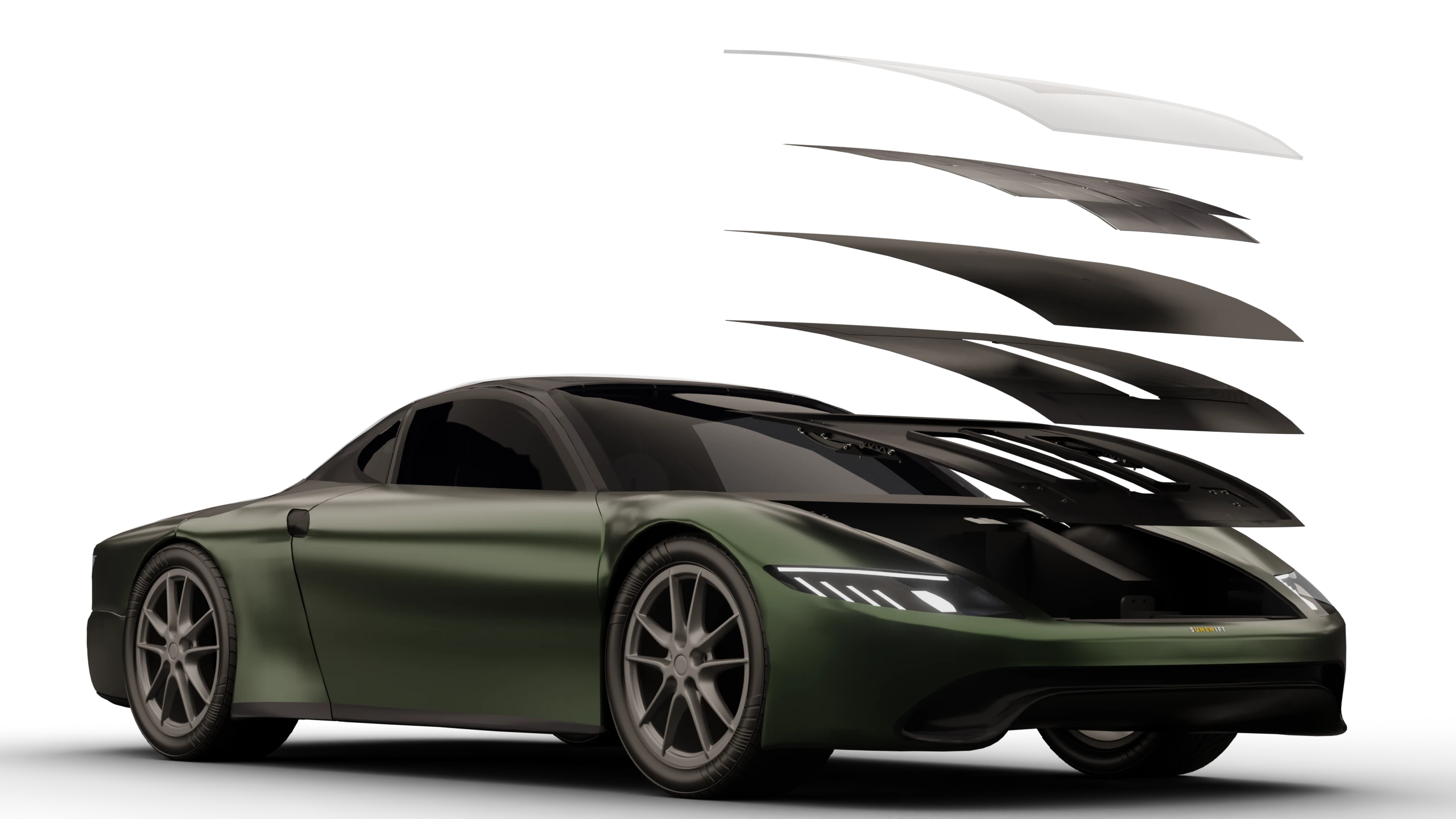 Sunswift 8 with its upper body panels separated in the engineering render